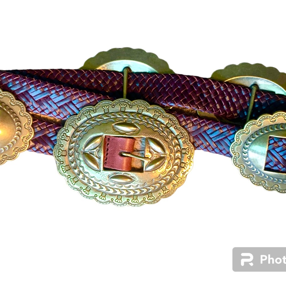 RLL Ralph Lauren woven brown leather concho belt Southwest Native Boho Tribal M